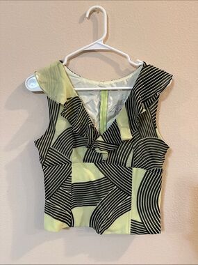 Sleeveless V-Neck Ruffle Blouse in Lime and Black Geometric